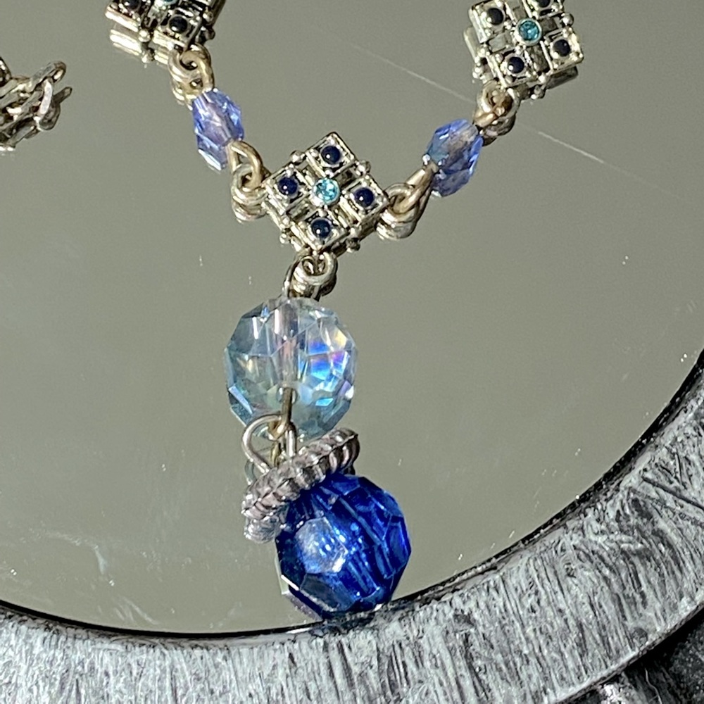 Handcrafted Dainty Silver Tone Chain Necklace Accented With Blue Stones